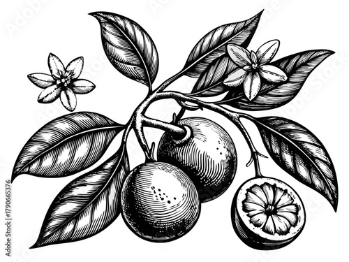 A botanical drawing of an orange branch with oranges, blossoms, and oval leaves. Vector illustration.