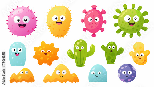 A collection of cartoon microbes inspired by desert life, some shaped like cacti or sand dunes.
