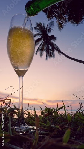 Vertical video. Low Angle View of Champagne Being Poured into Glass on Grass with Palm Trees and Ocean at Sunset, Romantic Tropical Celebration Concept