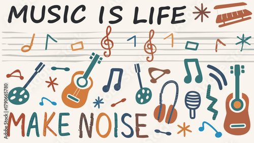 A dynamic doodle collage of guitars, pianos, microphones, headphones, and vinyl records.