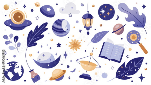 A dreamy celestial-themed illustration scattered with night-sky elements on a white background.
