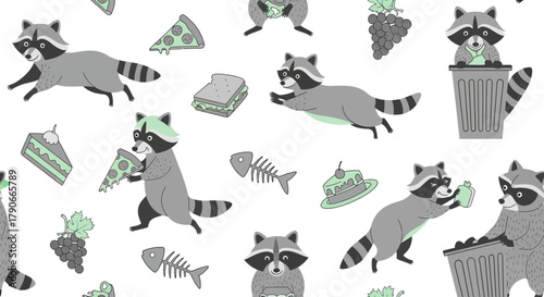 Playful pattern features cartoon raccoons interacting with food items like pizza, cake, sandwiches, grapes, & fish bones, on a white background