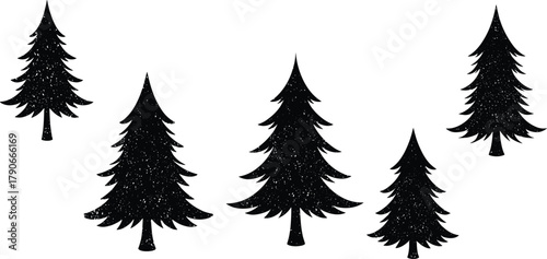 Pine tree silhouettes, black forest icons, vintage textured trees, nature design elements, evergreen shapes, holiday decoration, rustic style, woodland graphics