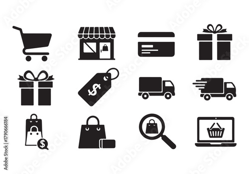 Shopping icons, set shop sign e-commerce for web development apps and websites