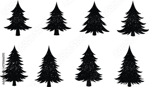Pine tree silhouettes, snowy texture, black forest icons, winter nature design, holiday decoration, rustic style, evergreen shapes, woodland graphic elements