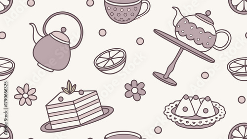 A seamless tea-themed pattern illustration. Modern abstract design for paper, covers, fabric, interior decor, and other applications.