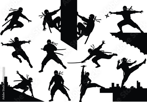 Flat vector silhouette of ninjas in dynamic action poses, martial arts, stealth movement, urban combat, agility, warrior illustration scene