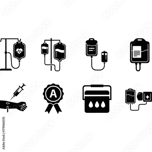Blood Donation and Transfusion Icons - Medical Procedures and Blood Types.