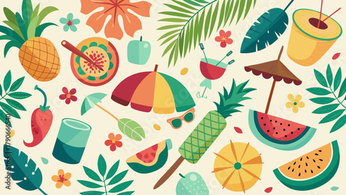 A whimsical tropical-themed illustration with scattered elements on a light background.