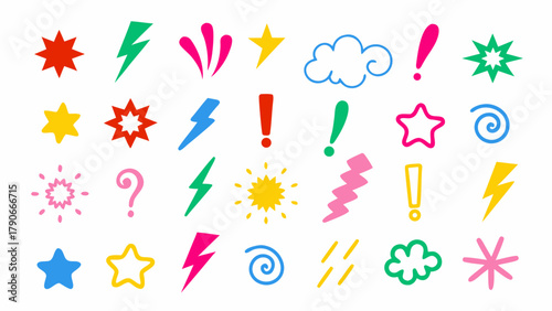 Comic doodle expression symbols in vibrant rainbow colors — lightning bolts, stars, exclamation marks, and swirls.