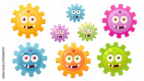 Cute robotic-style cartoon microbes made of metal and gears, with shiny chrome bodies, bolts, and glowing eyes.