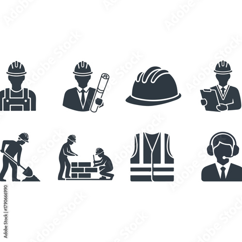 Construction and engineering icons, diverse worker symbols, safety equipment, industrial professions collection