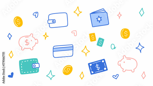 Flat colorful vector doodle icons of wallets, coins, credit cards, piggy banks, dollar signs. Vector set.