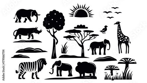 Flat vector black silhouettes of African wildlife — lions, elephants, giraffes, rhinos, zebras, acacia trees, and setting sun.