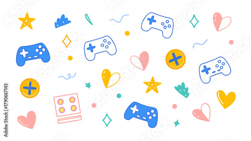 Flat colorful vector doodle icons of controllers, gamepads, hearts, coins, joysticks, stars. Vector set.