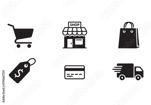 Shopping icons, set shop sign e-commerce for web development apps and websites