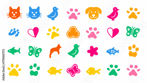 Flat vector illustration of colorful animal doodle icons, featuring cats, dogs, birds, fish, butterflies, and paw prints.
