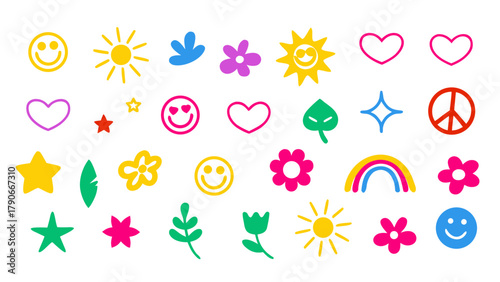 Flat vector illustration of colorful mindfulness and positivity doodles. Includes smiley faces, hearts, flowers, peace signs, suns, and affirmations.