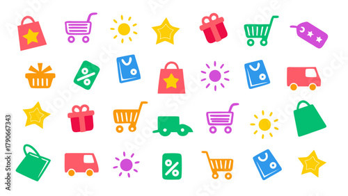 Flat vector illustration of colorful online shopping doodle symbols. Includes shopping carts, gift boxes, credit cards, delivery trucks, and sale tags.