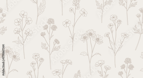 Delicate botanical line art with detailed stems, leaves, and blooms forming a repeating pattern on a neutral background