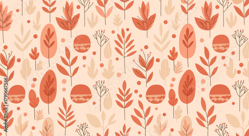 A repeating pattern displays stylized foliage in autumnal hues. Leaves, berries, and seedheads against a beige background