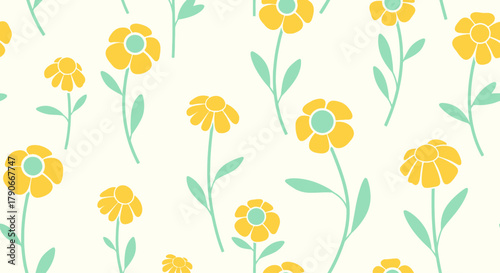 A repeating pattern displays stylized yellow flowers with mint green centers and stems on a cream-colored backdrop