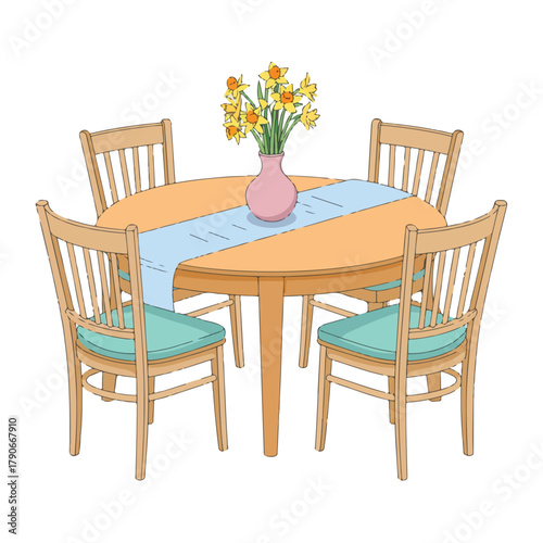 Wooden table and chairs set in a restaurant interior with dining decor