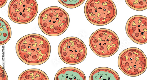 Whimsical pattern featuring pizzas with expressive faces, scattered on a white background. Each is unique with toppings
