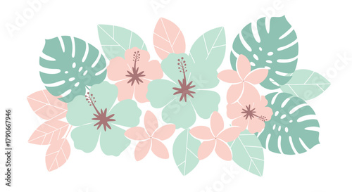 A pastel floral arrangement with hibiscus, plumeria, and monstera leaves against a white background