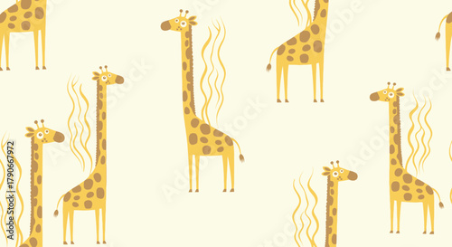 Whimsical pattern featuring stylized giraffes with long necks and spotted hides against a cream-colored backdrop