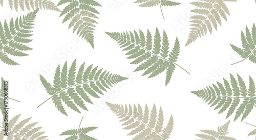 A repeating pattern on white, featuring stylized fern fronds in varying shades of green and tan, with fine detail