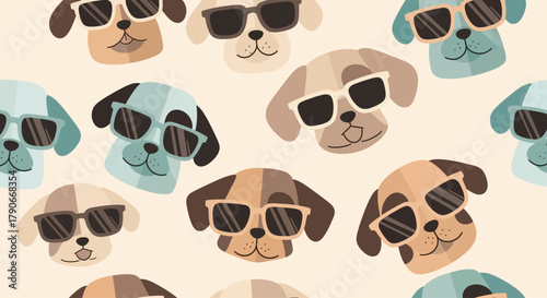 Playful pattern featuring stylized dog faces with sunglasses on a light background. Various colors and angles create a fun, repeating design