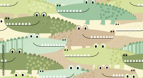 A whimsical, repeating pattern of friendly cartoon crocodiles in varying shades of green, brown, and tan