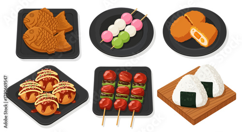 A colorful vector set of popular Japanese street food snacks, including taiyaki, dango, korokke, takoyaki, yakitori, and onigiri, isolated on a white background