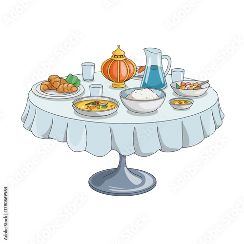 Restaurant table setting for dinner with food and drinks iteam
