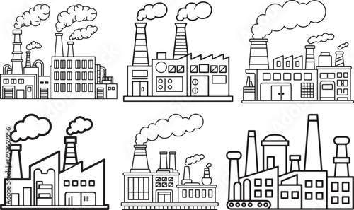 set of factory line art, coloring book page line art drawing, vector and illustration