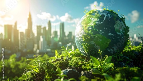 Green earth globe sits among lush greenery before a sunlit city skyline under blue sky