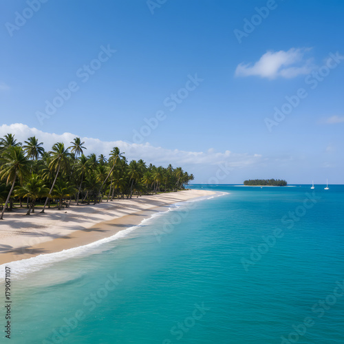 Tropical beach with palm trees and turquoise sea under a sunny sky