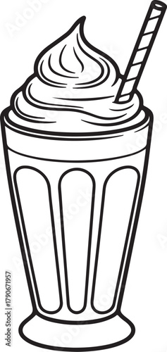 Milkshake with Whipped Cream and Straw Line Art, Coloring Book Page Line Art Drawing, Vector and Illustration