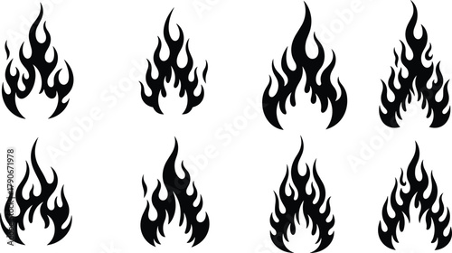 Stylized flame icon, black fire vector, abstract burning shapes, tattoo flame clipart, heat symbol design, fire silhouette illustration