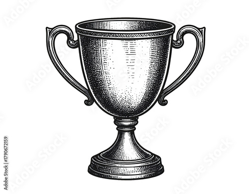 Trophy cup in vintage stipple engraving style showing detailed award illustration and classic victory symbol, isolated on white background