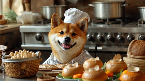 Happy shiba inu dressed as a chef prepares delicious meals in a cozy kitchen setting