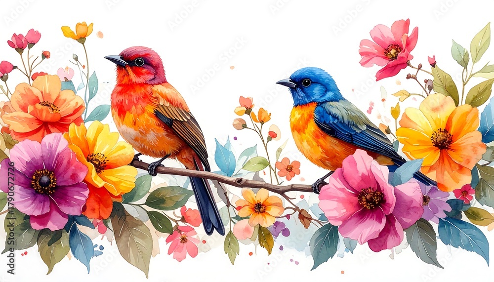 Colorful Birds and Flowers Watercolor Painting.