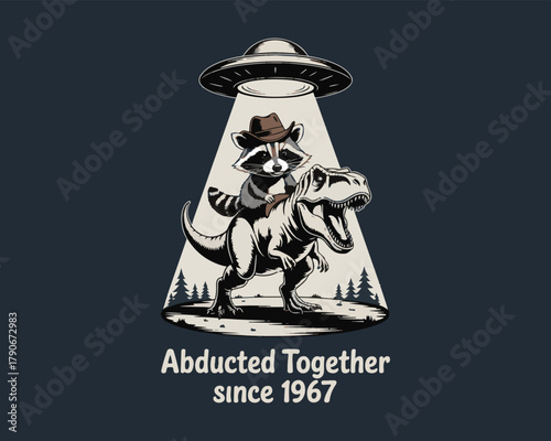 A raccoon cowboy riding a tyrannosaurus rex being abducted by a classic ufo