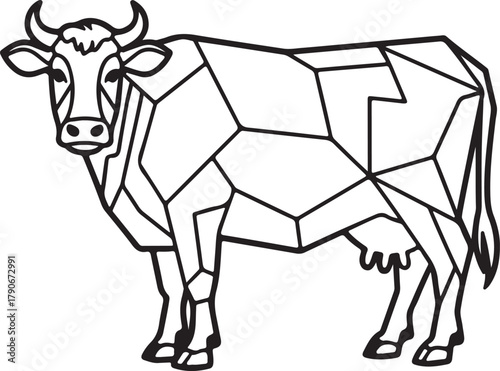 geometric cow line art, coloring book page line art drawing, vector and illustration