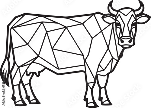 geometric cow line art, coloring book page line art drawing, vector and illustration