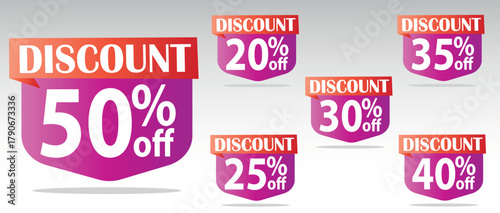 Discount Tags Vector Set, Popup Sale Shield Badge, 50, 20, 35, 30, 25, 40 Off, Purple Red EPS Element