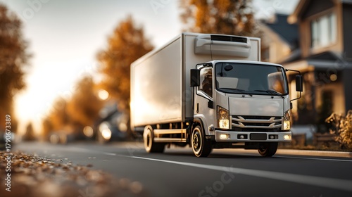 Fototapeta Naklejka Na Ścianę i Meble -  Delivery truck driving on suburban road in autumn