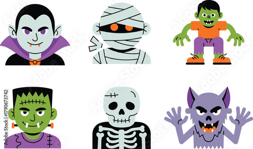 Halloween monster lineup illustration, cartoon vampire mummy zombie Frankenstein skeleton werewolf design, spooky festive artwork, whimsical seasonal concept, vector background
