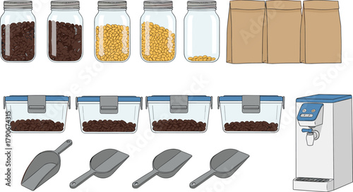 Cad drawing flat vector illustration, coffee beans jars, paper bags, plastic containers, scoops, dispenser machine, bulk food shop organization
